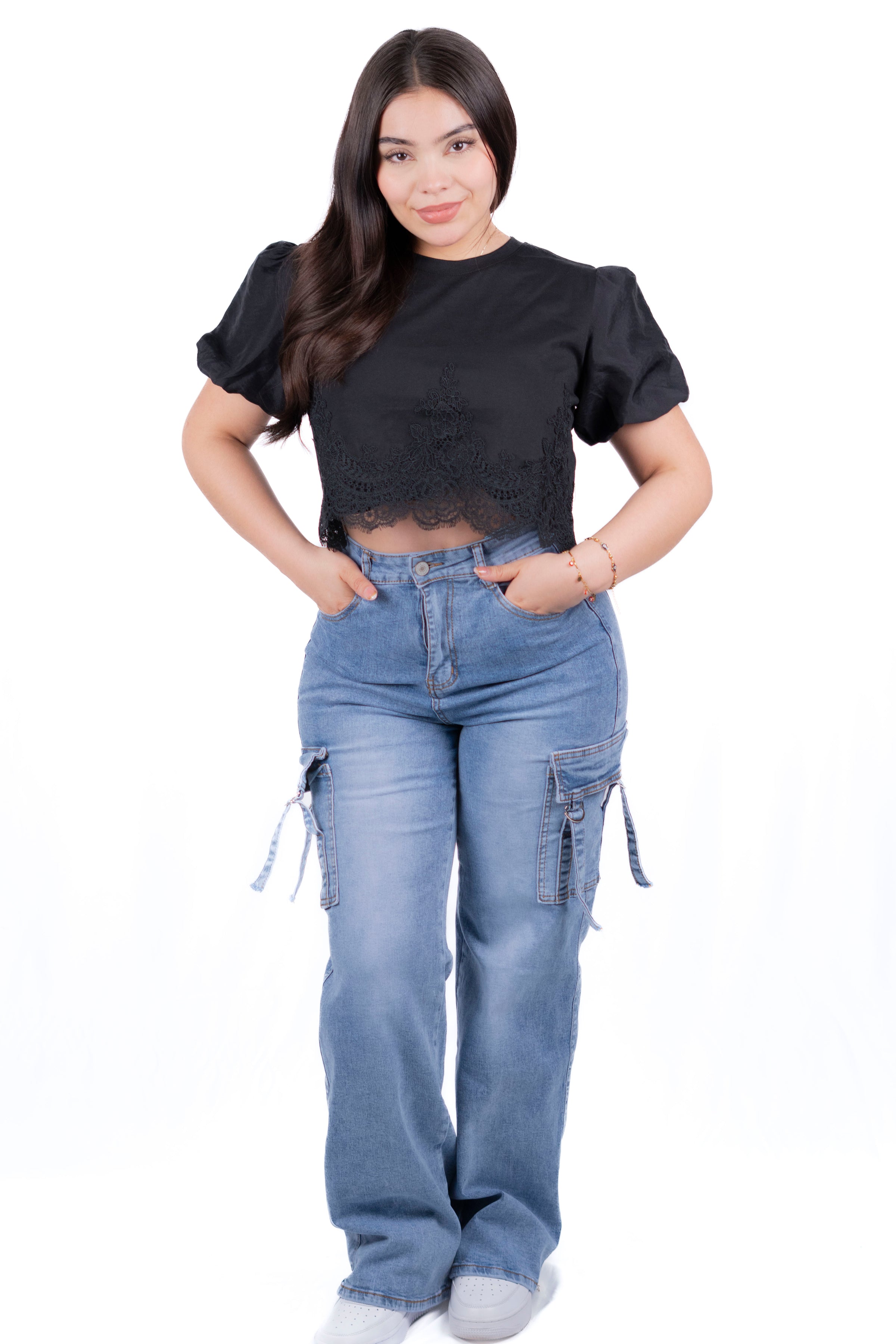 Pantalon cargo de mezclilla de cintura alta