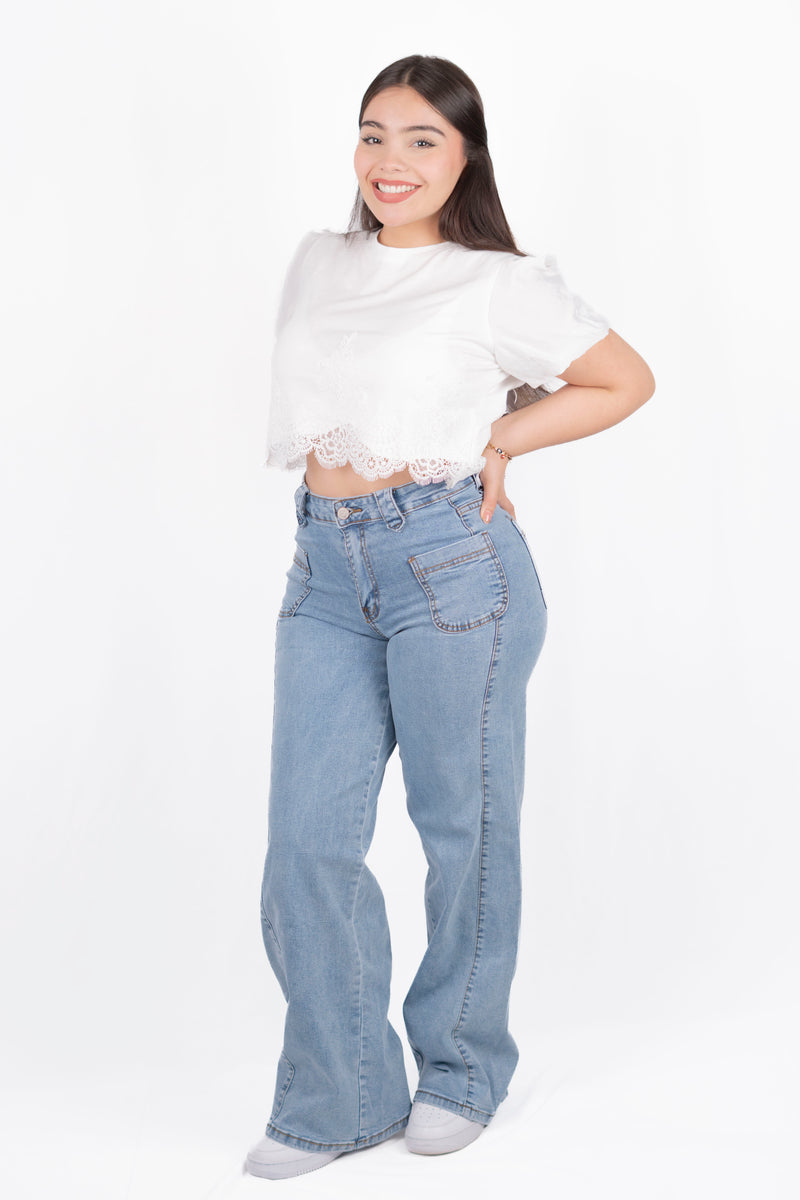 Pantalon de mezclilla de tiro alto con bolsa frontal