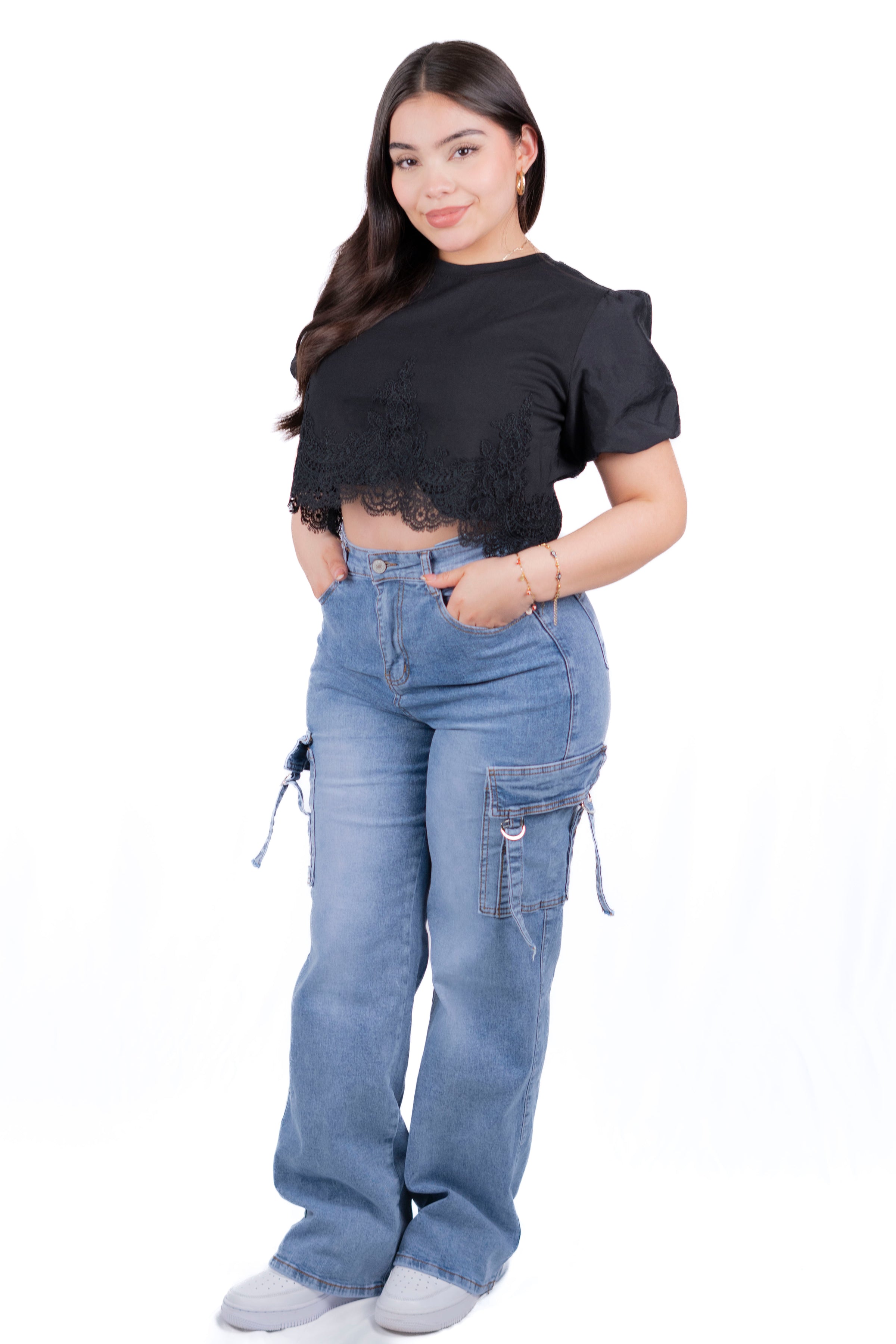 Pantalon cargo de mezclilla de cintura alta