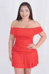Vestido strapless corto con olanes