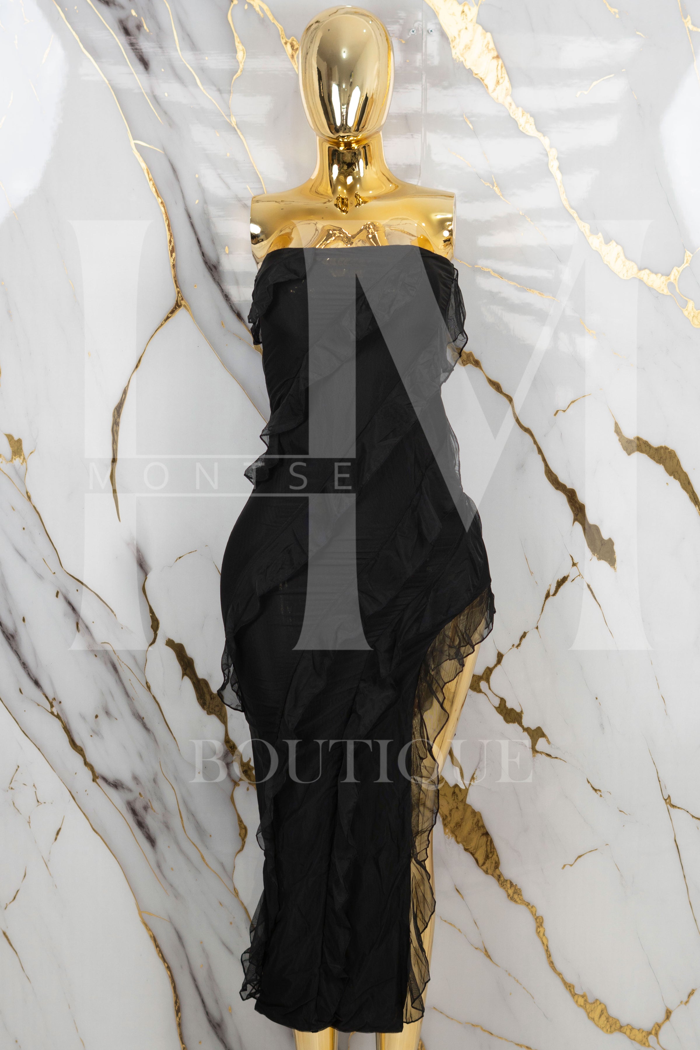 Vestido strapless de malla