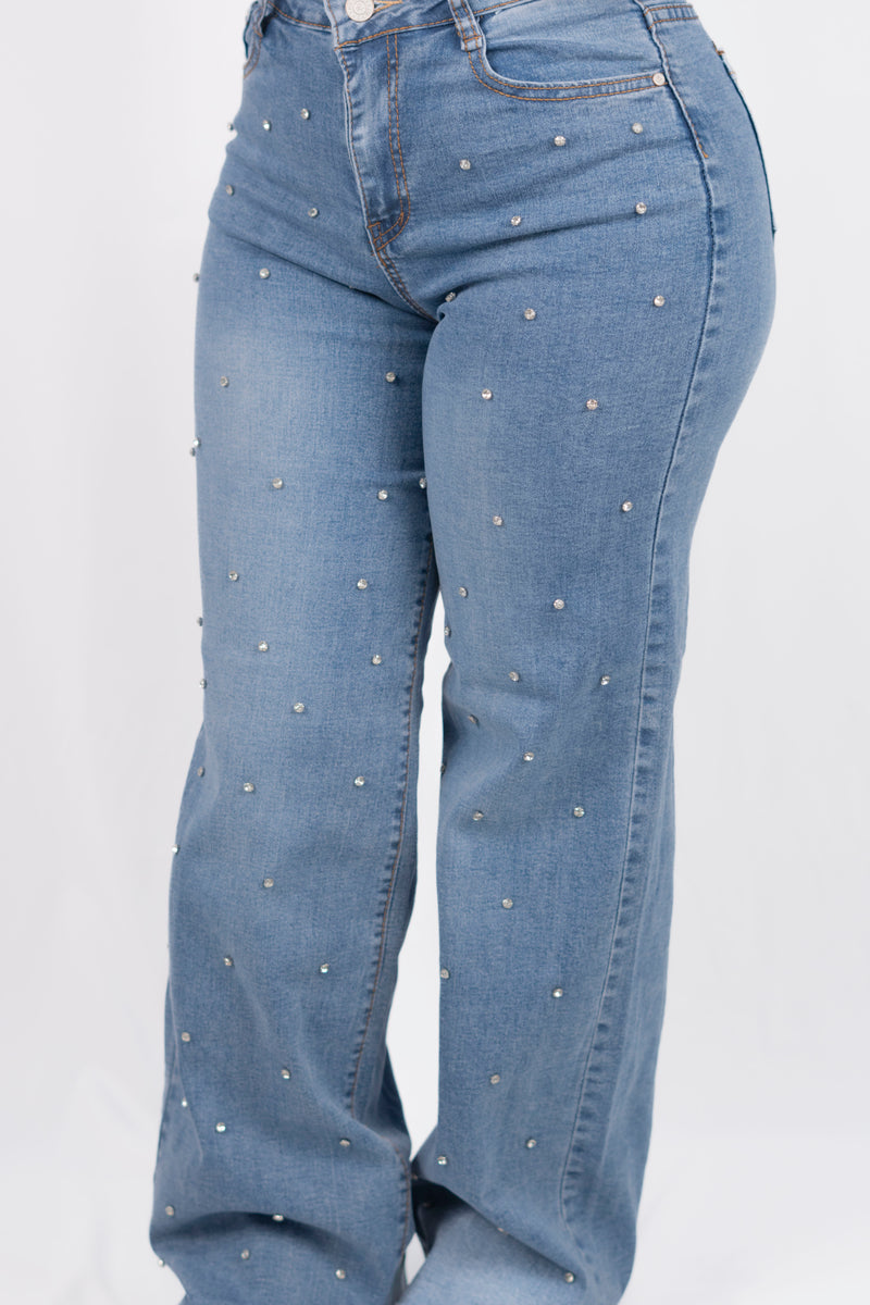 Pantalon de mezclilla hide leg con piedras